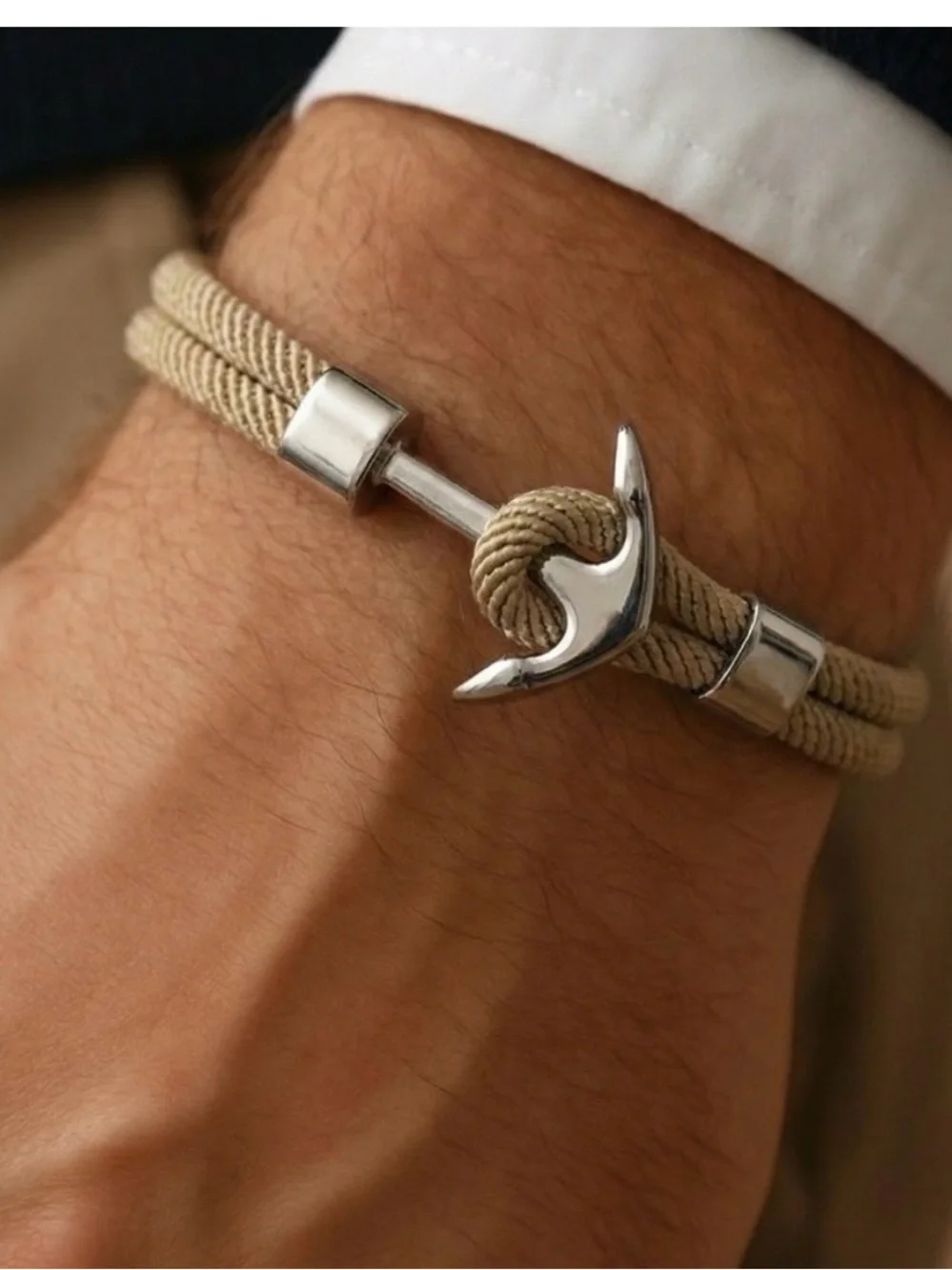 Men's Beige Cord Anchor Bracelet - Unbranded